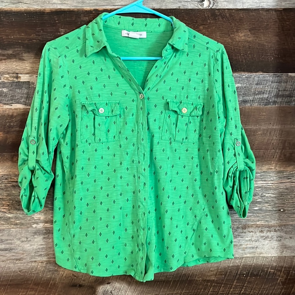 Liz Claiborne Green Aztec print button down